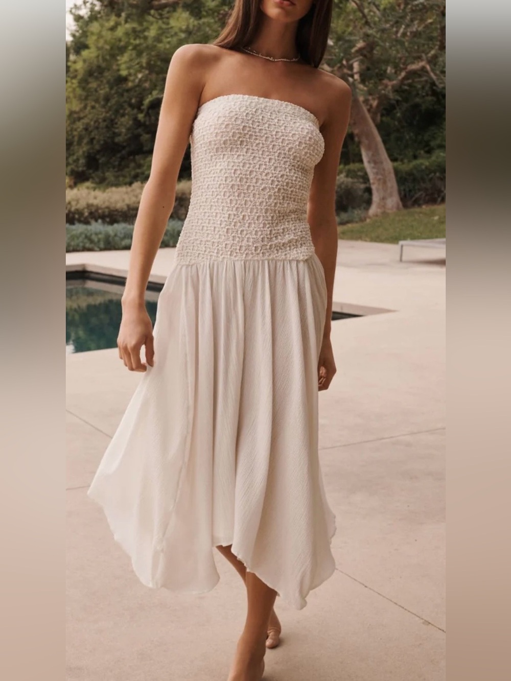 Anthropologie Cream Strapless Smocked Midi Dress - Picture 1 of 7